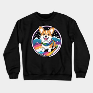 Corgi on Rainbow Snowboard Crewneck Sweatshirt